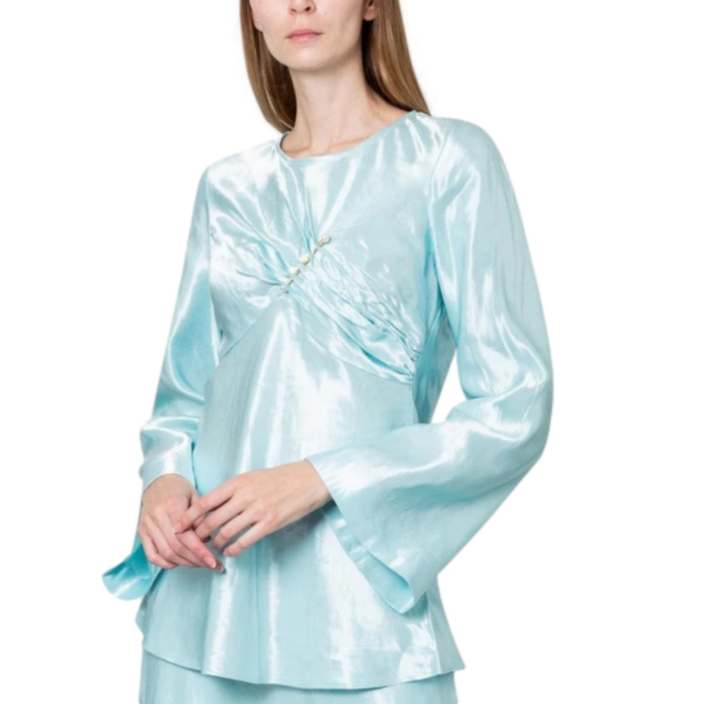 Aje Moonglade Pierced Fit and Flare Ruched Blouse in Spearmint Blue Size 8